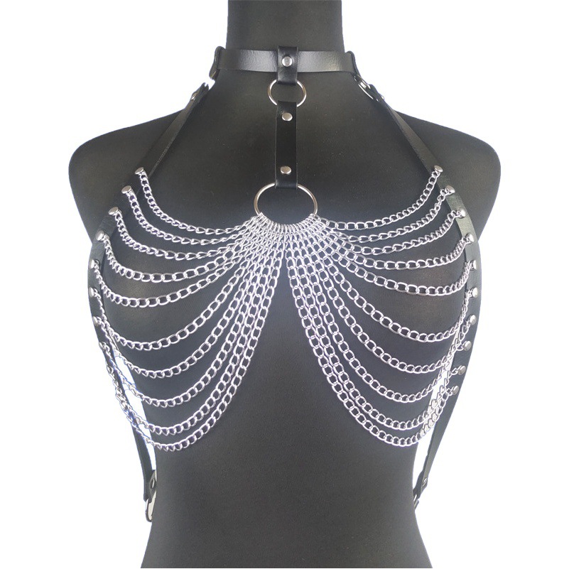 European and American Sexy Exaggerated Neck Collar Chest Chain Waist Chain Leather Alloy Chain Multi-Layer Tassel Jewelry Sexy Stage Performance