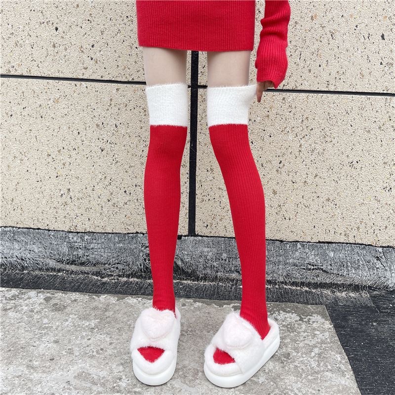 Picture of Stitching stockings autumn and winter women's Christmas over-the-knee socks original year red plush thickened jk calf socks for women