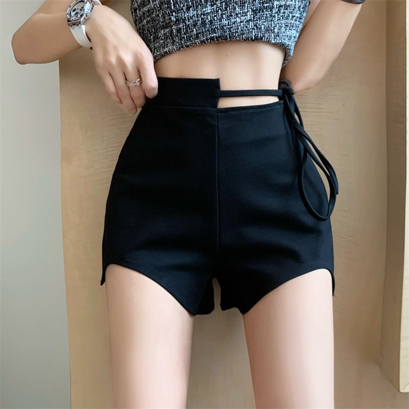 Hot Girl high waist lace-up casual shorts women's summer black hot pants design sense small straight slimming pants