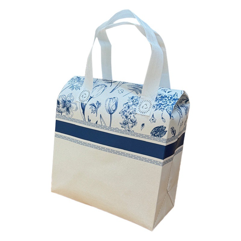 Blue and white porcelain takeaway packing bag national fashion non-woven insulation bag customized logo packing bag vintage milk tea insulation bag