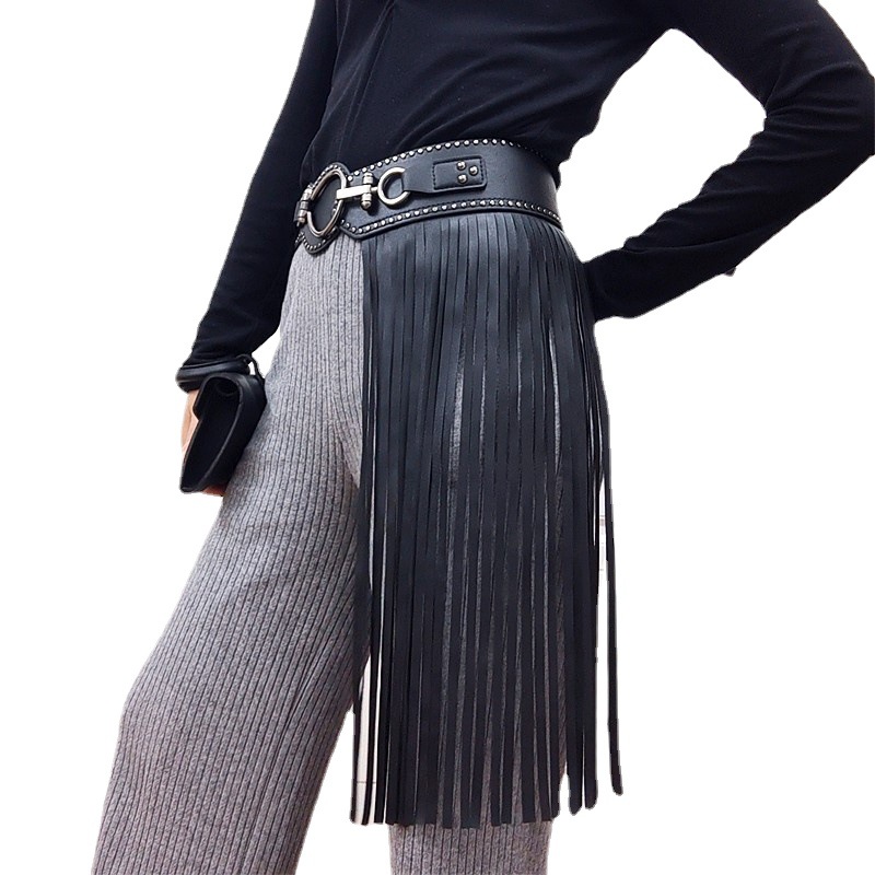 Picture of European and American punk style ultra-long fringed skirt women's waist seal fashion rivet wide belt elastic black buckle accessories