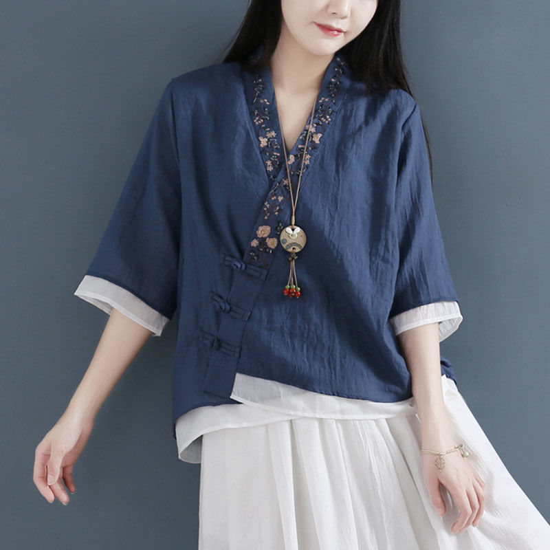 Picture of Cotton and Linen Half Sleeve Shirt Women's 2024 Summer New V-Neck Embroidered Artistic Complex Elegant Middle Sleeve Cardigan Shirt