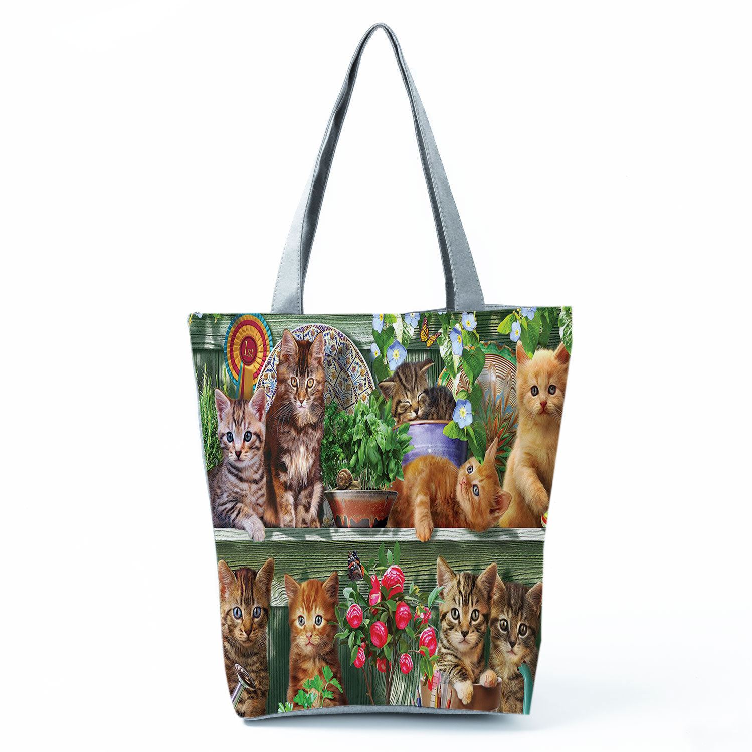 Picture of New cute flower cat printed shoulder bag portable travel storage bag large capacity outdoor tote bag