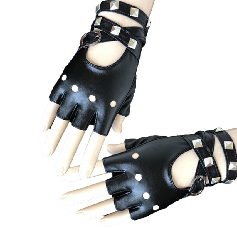 Women's dance half finger gloves performance half punk rivet chain pole dance hip hop leather gloves non-slip
