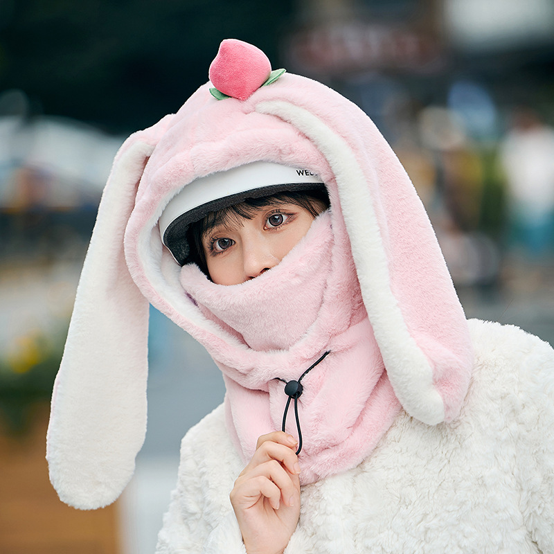 Picture of Winter Warm Peach Rabbit Mask Hat and Scarf Integrated Xiaomei Same Style Outdoor Skiing and Cycling Helmet Hat Cute