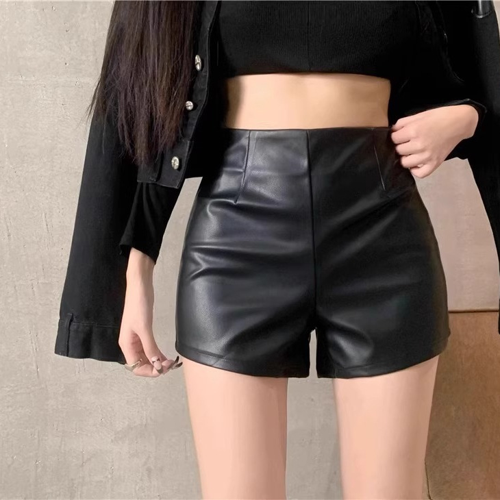 pu leather shorts 2025 autumn and winter new women's high waist slimming tight little black sexy hot pants