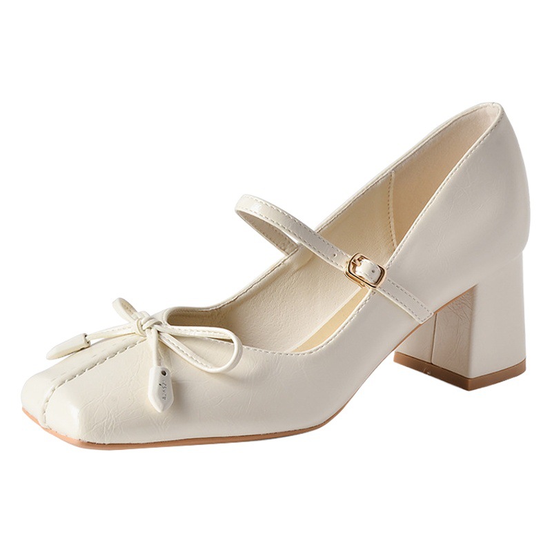 6669-1 New Chinese Bow Square Head Mary Jane Shoes Women's 2025 Spring and Autumn Sheepskin Shallow Cut Heel Single-layer Shoes High Heel