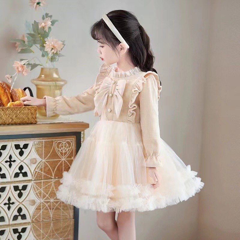 Picture of Designed Girls' Long-Sleeved Dress 2024 Autumn and Winter New Style Bow-Knot Fashionable and Sweet First Birthday Cake Dress