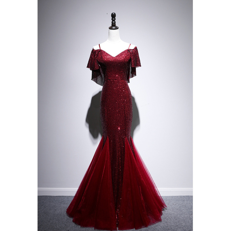 Cross-border wedding evening dress women's red elegant slimming lace mesh fishtail banquet wedding bride toast dress