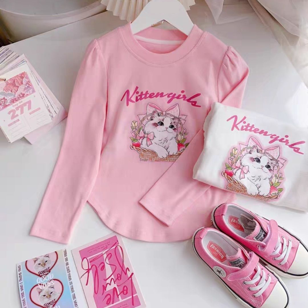 Spring and Autumn New Girls T-Shirt Cartoon Cute Print Western Style German Velvet Bottoming Shirt Long Sleeve Girls Easiest for Match Top Trbottomy