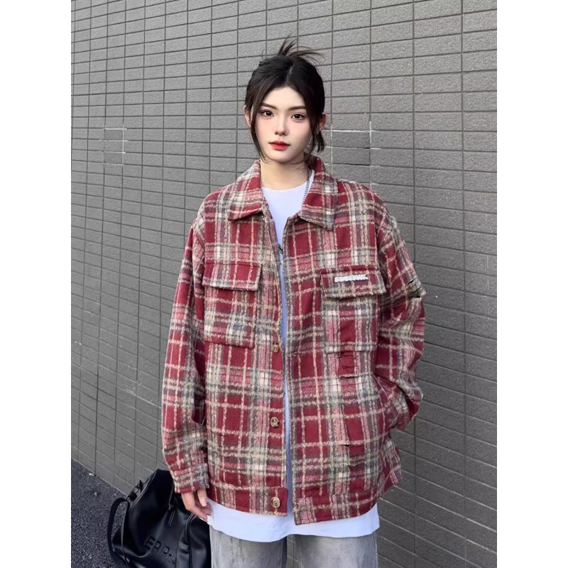 Cross-border Autumn New Hong Kong Style Japanese Style Simple Vibe Fashion Brand Embroidered Plaid Woolen Jacket Top 2024