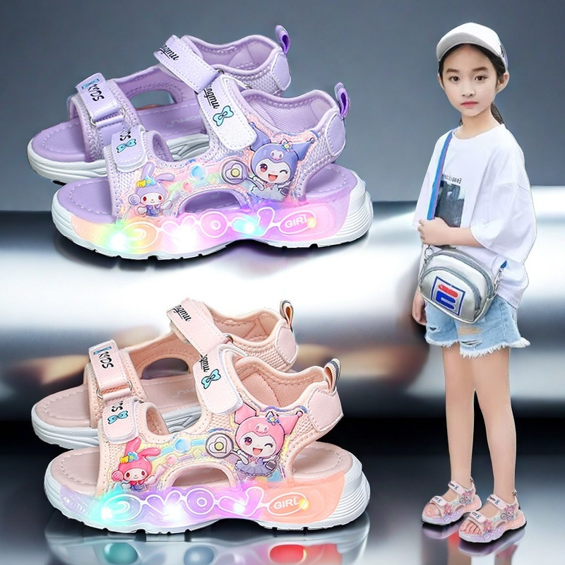 Summer New Style Children's Sandals with Lights, Princess Kuromi Sandals, Girls' Beach Shoes, Kindergarten Girls' Sandals