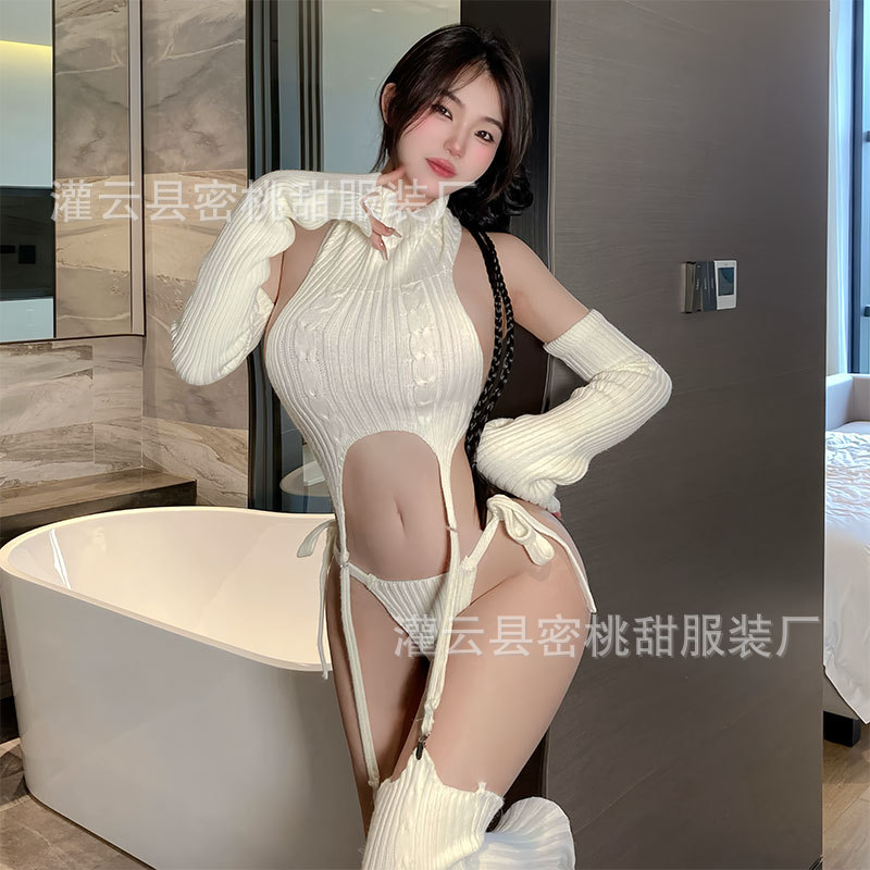 Sexy Underwear Pure Neck-hanging Two-dimensional Knitted Backless Sweater Uniform Sexy Sleepwear suit Hair