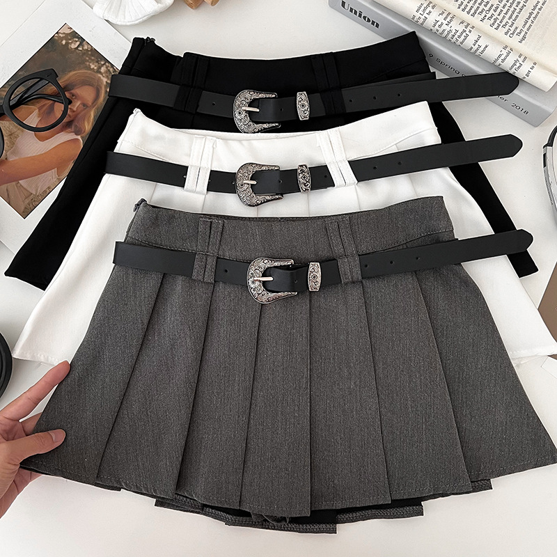 Korean Style Fashion College Style High Waist Slimming Skirt Anti-slip Skirt Pleated Skirt A- line Skirt Women's Leather Belt