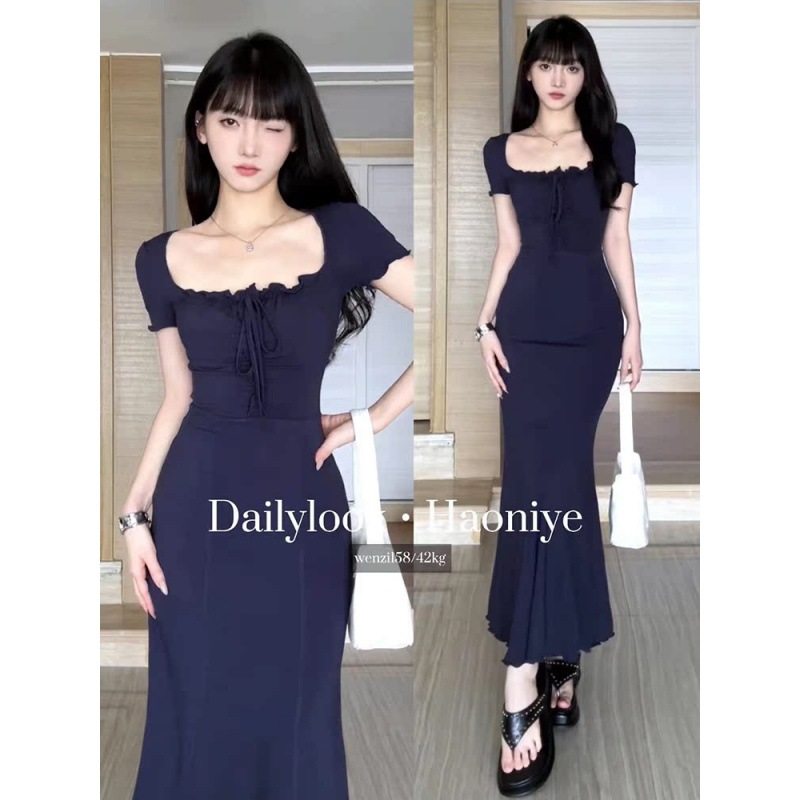 Women's Summer Spice Girl Slim-fit Tight Waist Slim-fit dark blue dress Pure Desire Mom-style Hip Fishtail Long Dress