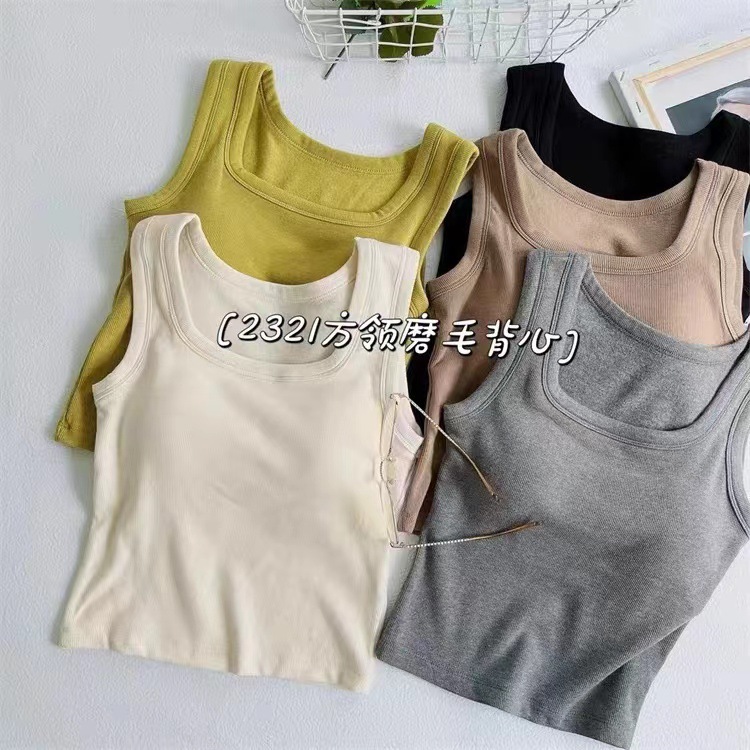 Autumn and Winter New Pure Cotton Square Collar Sports Wool Loop Cloth Sports Vest Base Women's Inner Wearing Top with Chest Pad