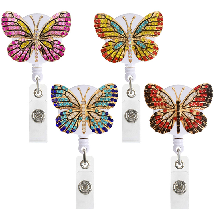 Colorful metal diamond-embedded butterfly easy-pull buckle rotating crocodile clip easy-pull rhinestone retractable ID buckle badge