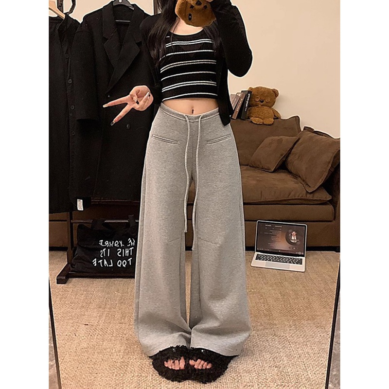 American Retro Drawstring Grey Wide Leg Sports Pants Women's Winter Popular Lazy Relaxation Loose Casual Pants