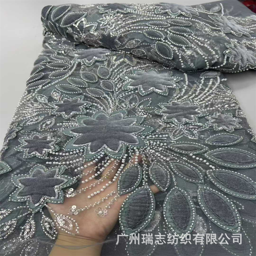 Picture of New Sequin Embroidered Velvet Fabric Embroidered Mesh Bottom Lace Fashion Wedding Dress Fashion Dress Accessories