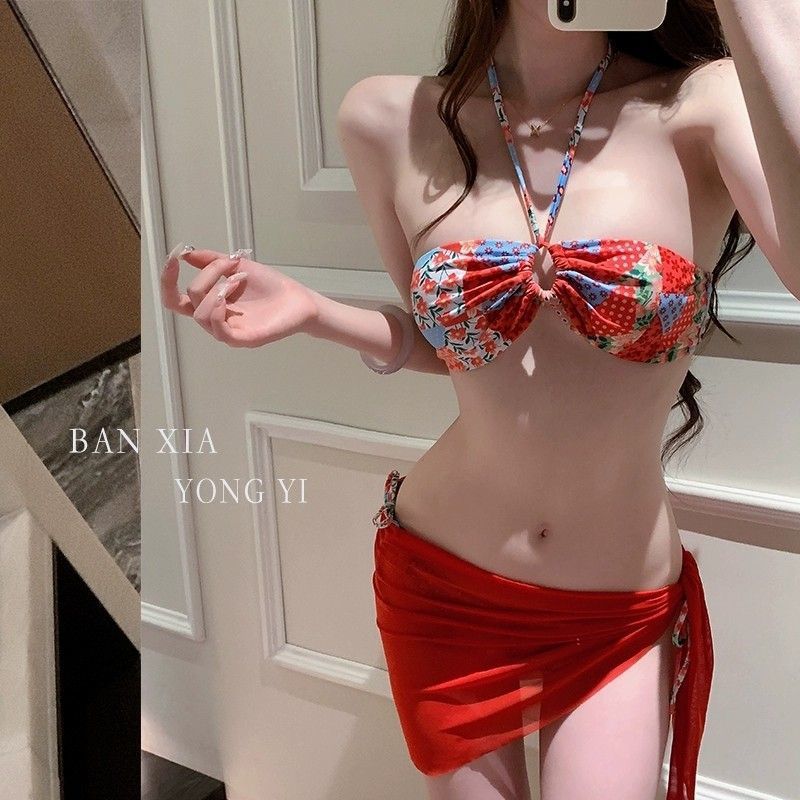 mosricci Pure Desire Red White Ethnic Print Bikini Split Swimsuit Women's Small Chest Tube Top Covered Skirt