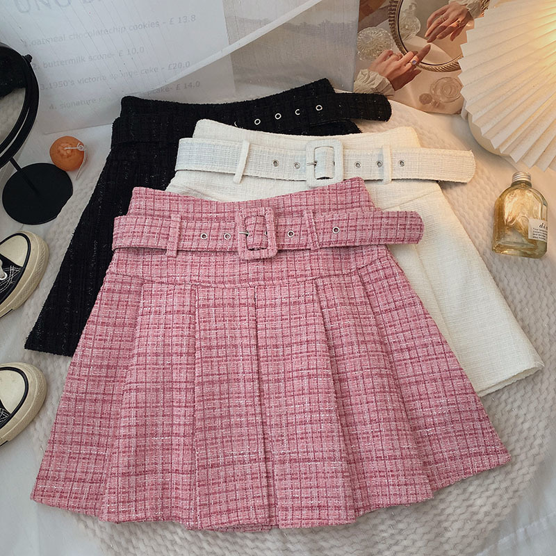 With Belt Small Fragrant Style A- shaped Pleated Skirt High Waist Slimming Skirt Autumn and Winter New Short Skirt Anti-running Skirt Women