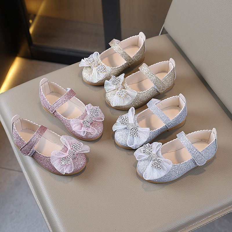 New Student Performance Crystal Shoes Girls' Princess Shoes Spring and Autumn New Bow Children's Dress Soft-soled Leather Shoes