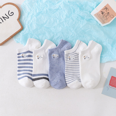 Summer Color-Blocked Embroidered Couple's Short Boat Socks, Cartoon Cotton Korean Style Little Sheep Unisex Trendy Socks, Breathable and Sweat-Absorbent