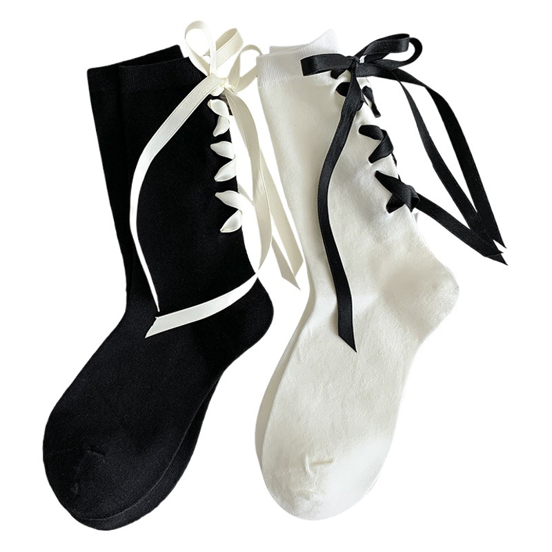 Women's Socks with Bow Design, Hollow Bow, Cute Japanese Style, Pure Desire Style Socks, Solid Color Mid-Calf Socks