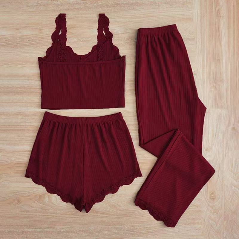 Popular European and American Cross-Border Lace Sexy Camisole Long Pants Pajamas Women's Slim Three-Piece Set