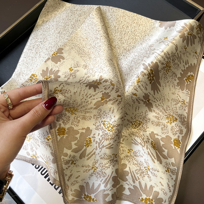 Picture of Spring and Autumn Thin Japanese and Korean Sweet Champagne Color Small Floral Silk Mulberry Silk 70cm Square Scarf Silk Scarf Hair Band Headwear Women