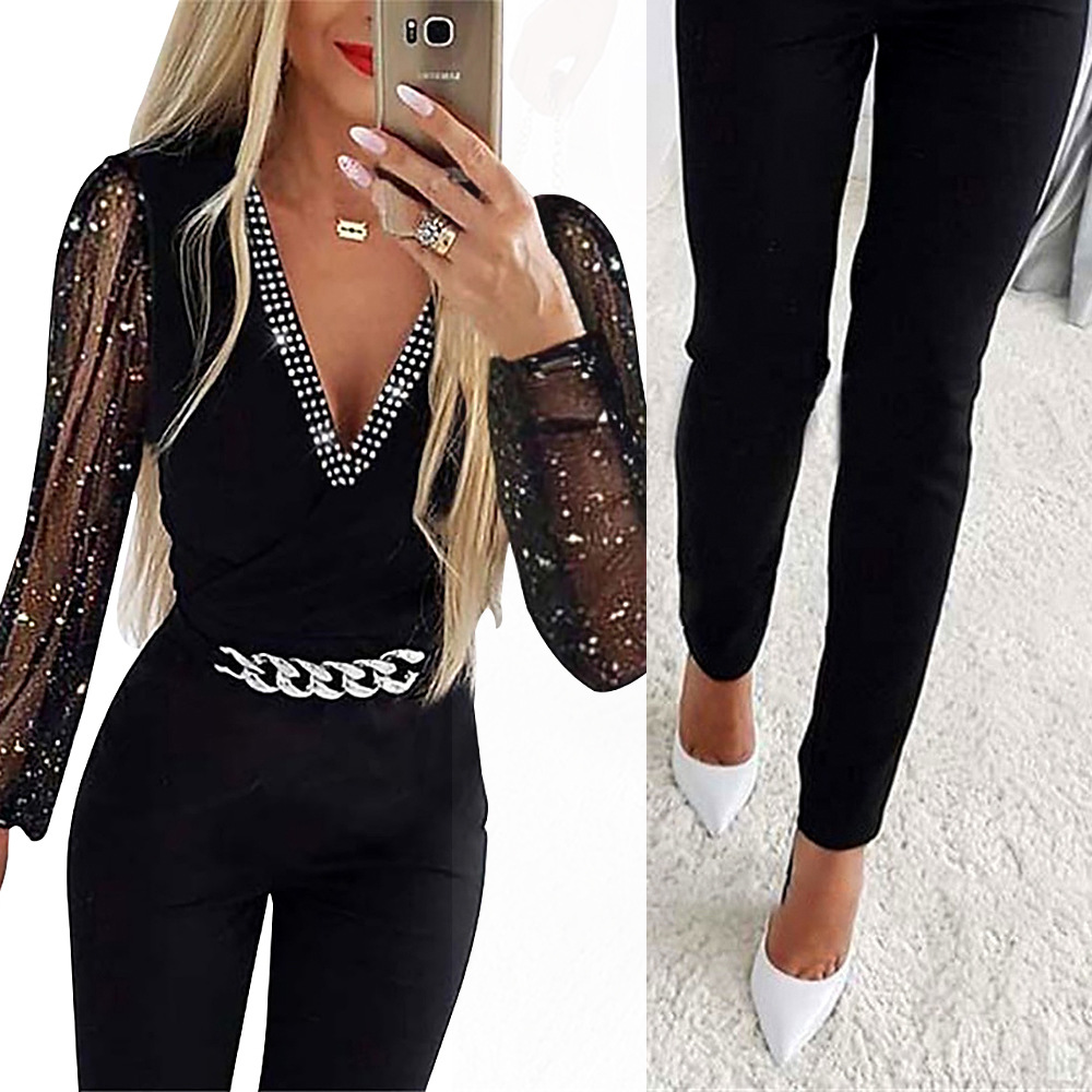 Picture of 2023 Autumn New Amazon European and American women's solid color V-neck long sleeve rhinestone high waist professional casual jumpsuit