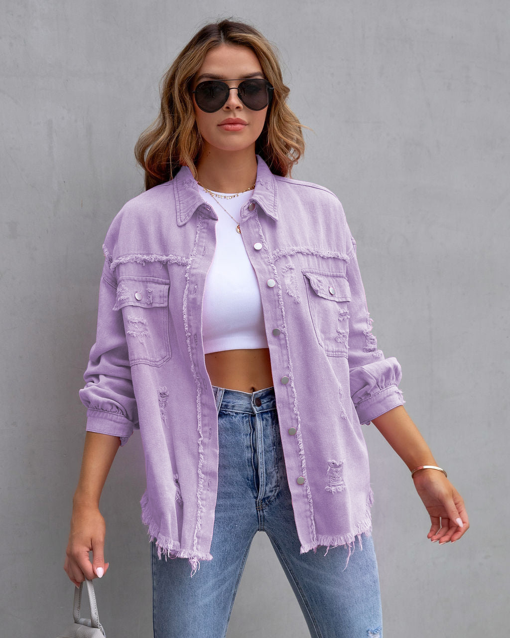 Picture of 2025 New European and American Style Mid-Length Raw Edge Ripped Denim Jacket Women's Autumn and Winter Long-Sleeved Casual Lapel Top