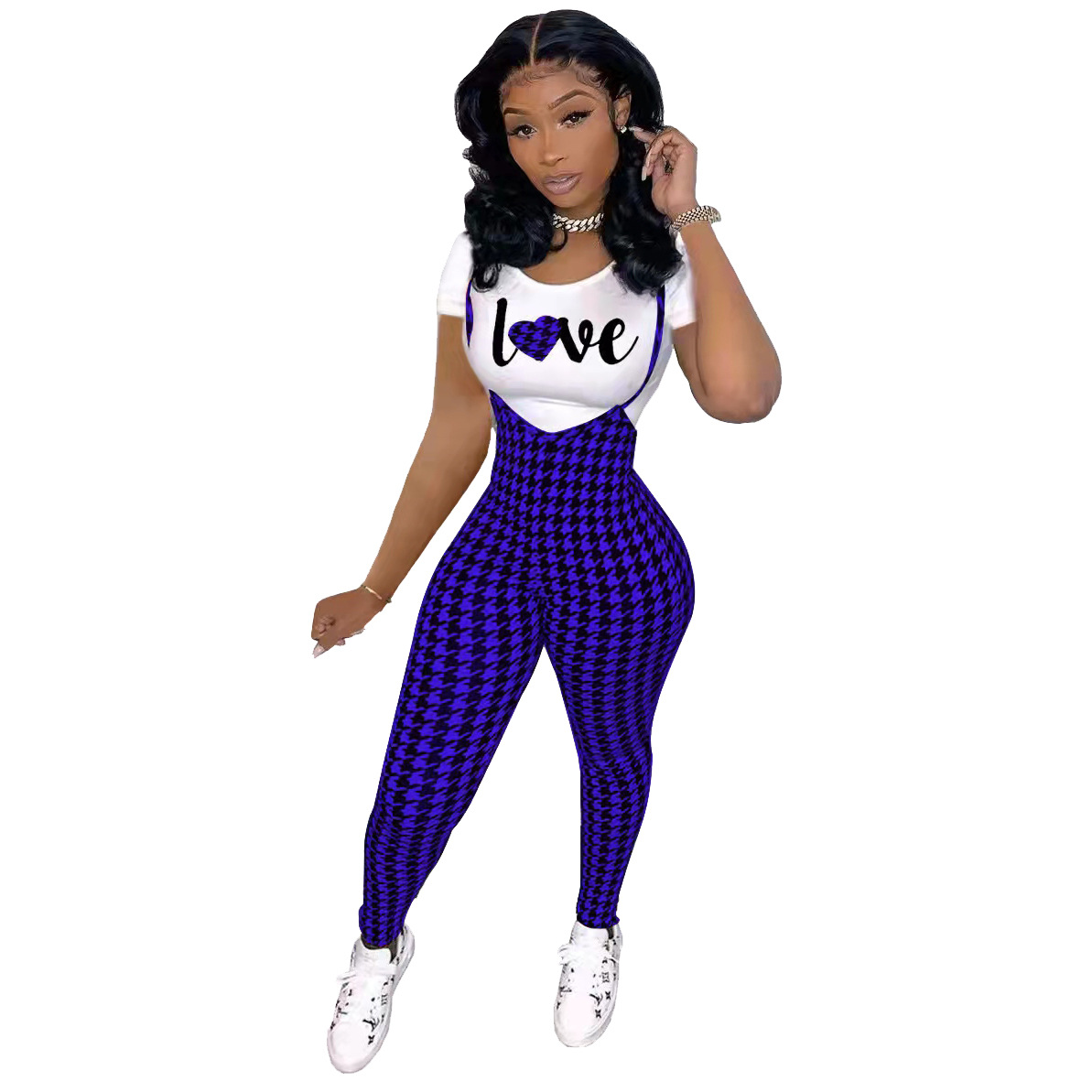 Picture of D9828 Amazon Hot Selling European and American Women's Fashion Pattern Printed Short Sleeve T-Shirt + Sling Jumpsuit Set