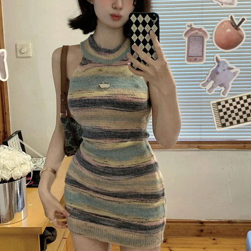 Pure Desire Hot Girl Contrast Color Striped Neck Knitted dress Women's Summer New Slim-fit Slimming Hip Slip Skirt