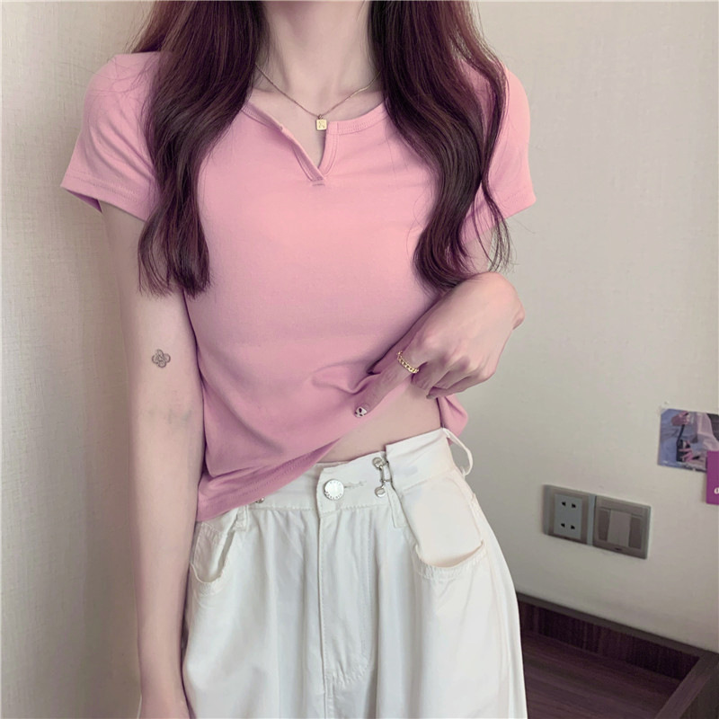 Picture of Short Women's Summer Design Sense Pink Slim-fit Navel Hot Girls Women's T-shirt Short-sleeved 2025 Summer New Clothes
