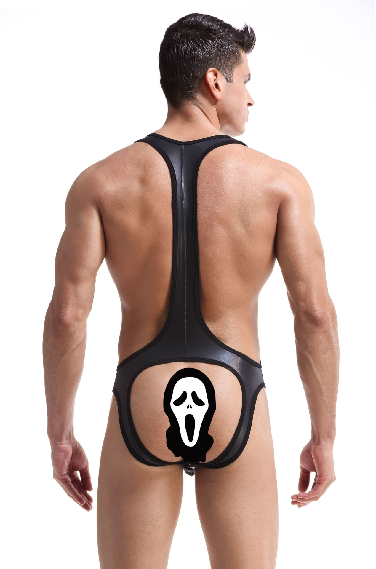 Picture of New men's underwear paint imitation leather strap empty back one-piece wrestling suit sexy sexy sports leisure motorcycle suit triangle