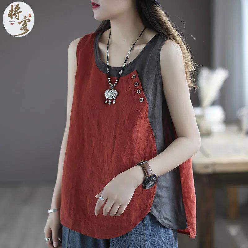 Cotton and Linen 2025 Summer New Loose Camisole Women's Asymmetric Top Button Decoration Splicing Sleeveless Top