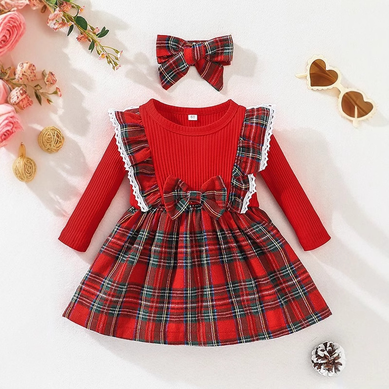 Cross-border Girls' Long-sleeved dress Autumn and Winter Children's Christmas Paid Dress Baby Baby Red Skirt A- line Dress