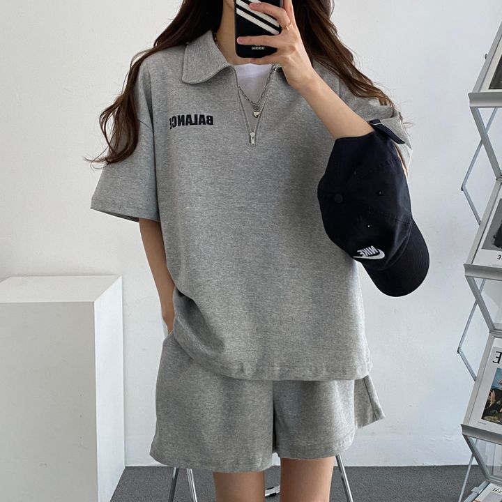 Picture of 4 Color High-end Cotton Zipper Set Two-piece Women's Short-sleeved Shorts Sportswear Solid Color Loose Summer Fashion Casual