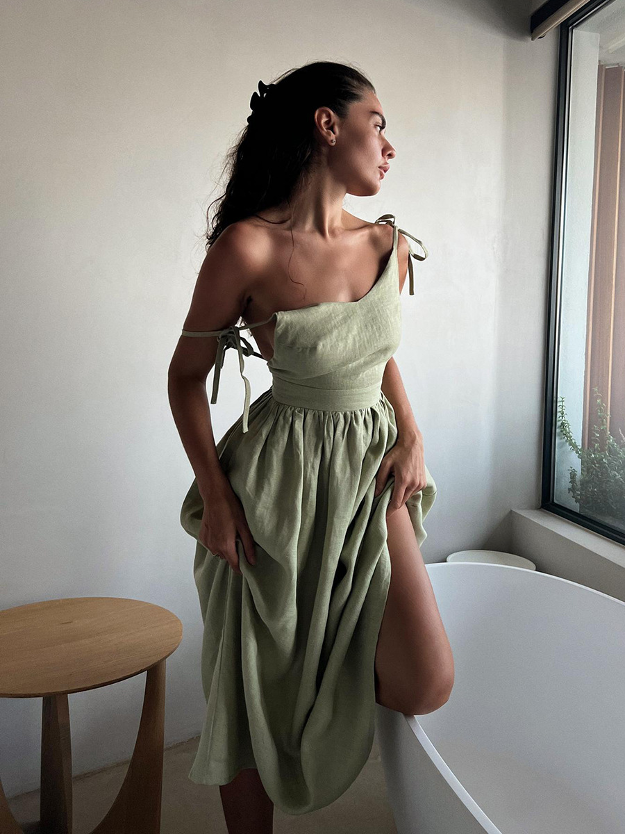 Picture of Cross-border Pure Cotton V-neck Slip Skirt Women's European and American 2025 Spring New Elegant Elegant Sexy Strap Backless dress