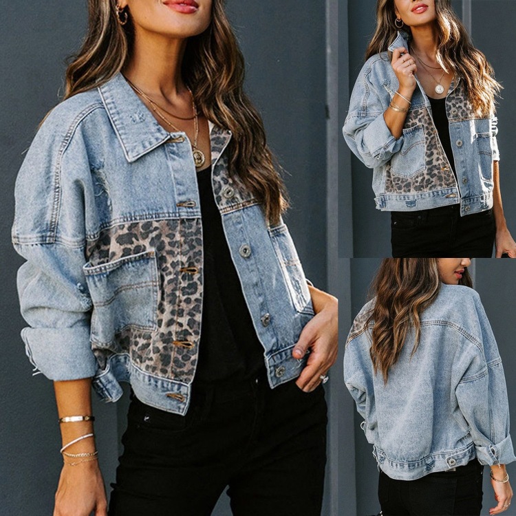 European and American cross-border foreign trade new autumn and winter Amazon Denim coat women's long-sleeved coat women's leopard print stitching coat