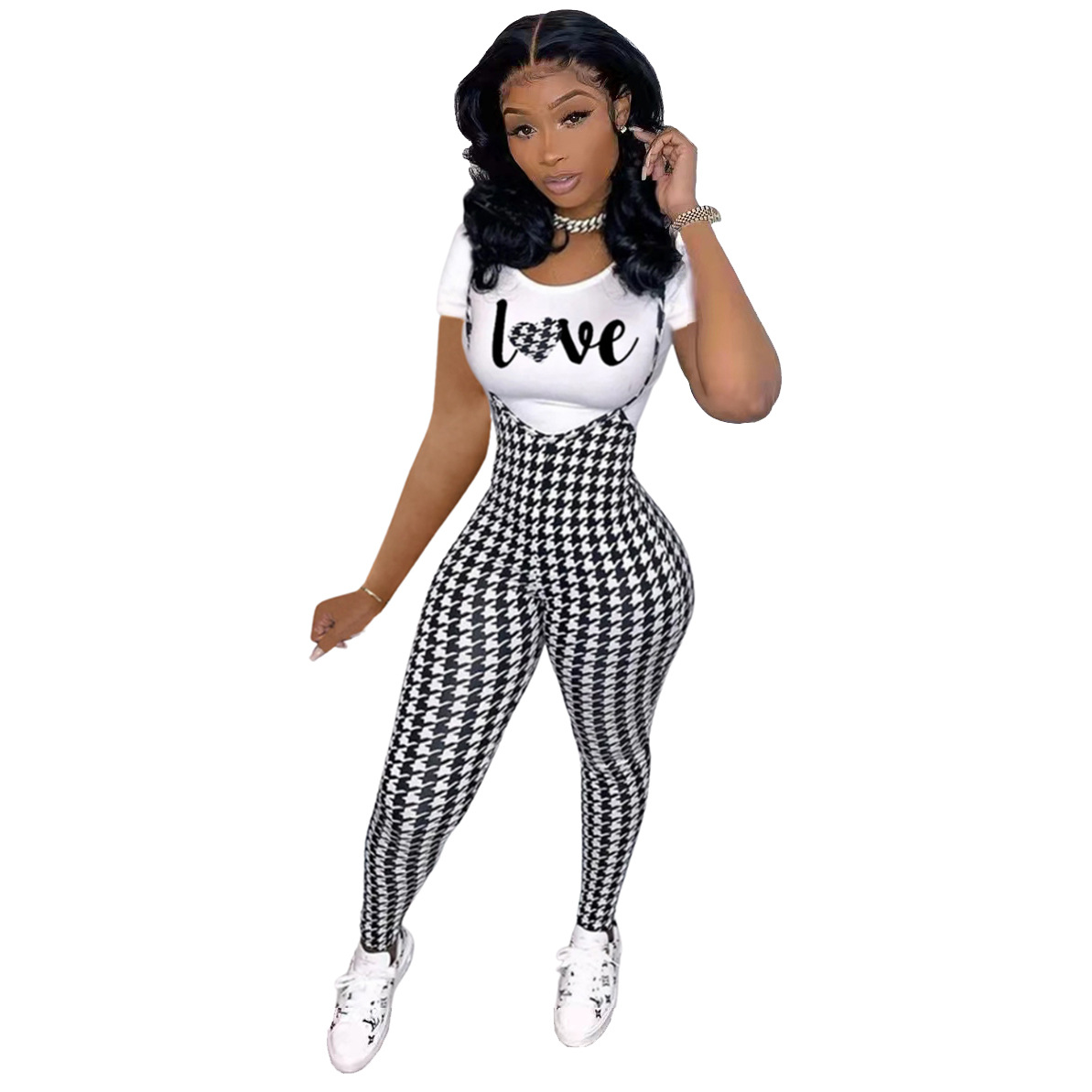 Picture of D9828 Amazon Hot Selling European and American Women's Fashion Pattern Printed Short Sleeve T-Shirt + Sling Jumpsuit Set