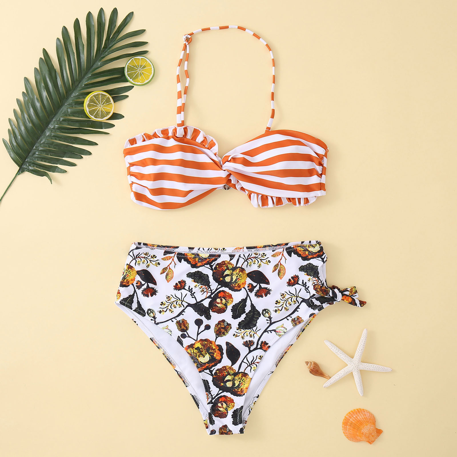 2021 European and American New Sexy Printed High Waist Split Bikini Swimsuit