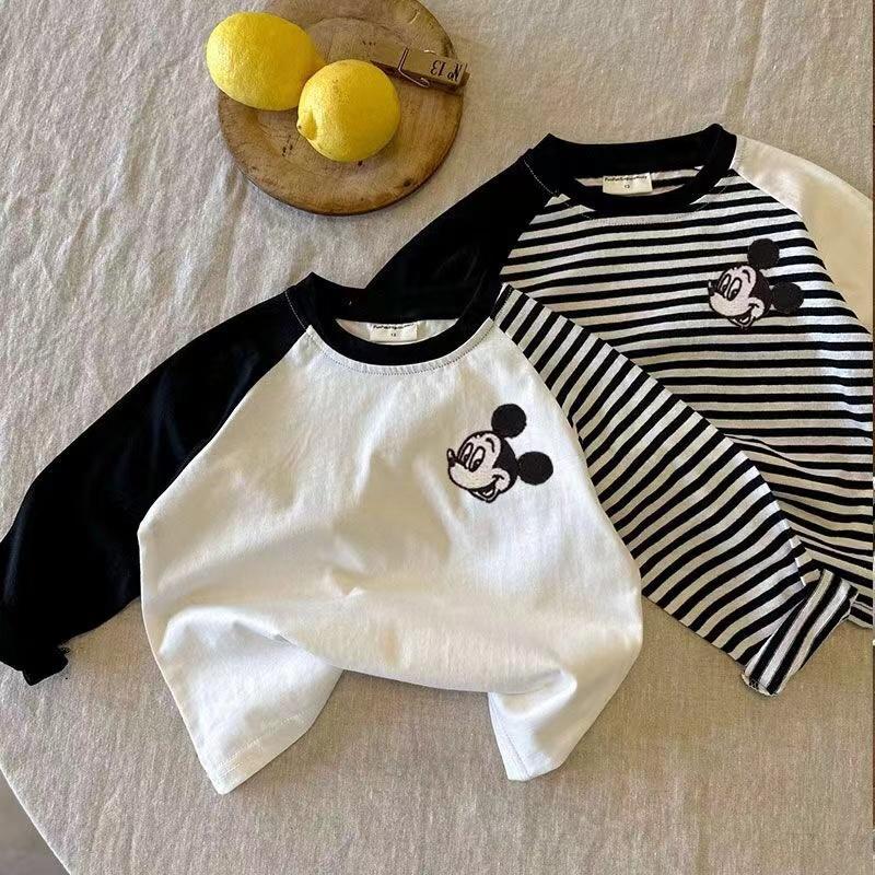 Cotton Children's T-shirt Embroidered Mickey 2025 New Arrival Korean Style Undershirt Top for Baby Boys and Girls