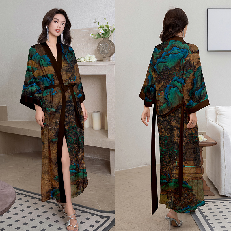 Picture of Yaoting Satin Printed Pajamas for Women Summer Large Size Accessible Luxury Three-Quarter Sleeves Cool Long Nightgown Home Wear Women Wp2669