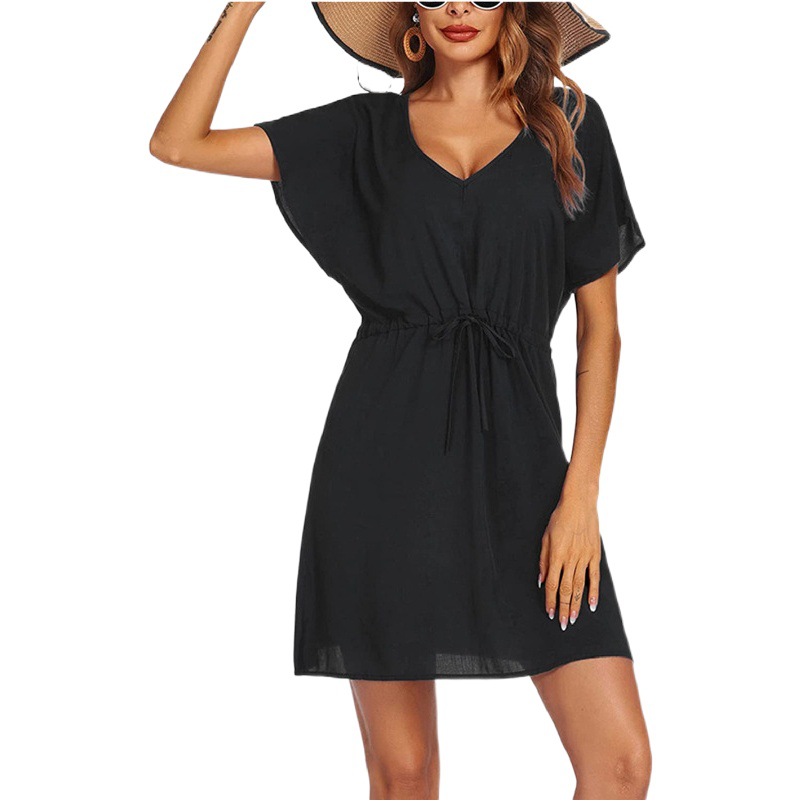 Amazon AliExpress Hot Sale Summer Women's Short Sleeve Beach Loose V-neck Bikini Belted Dress