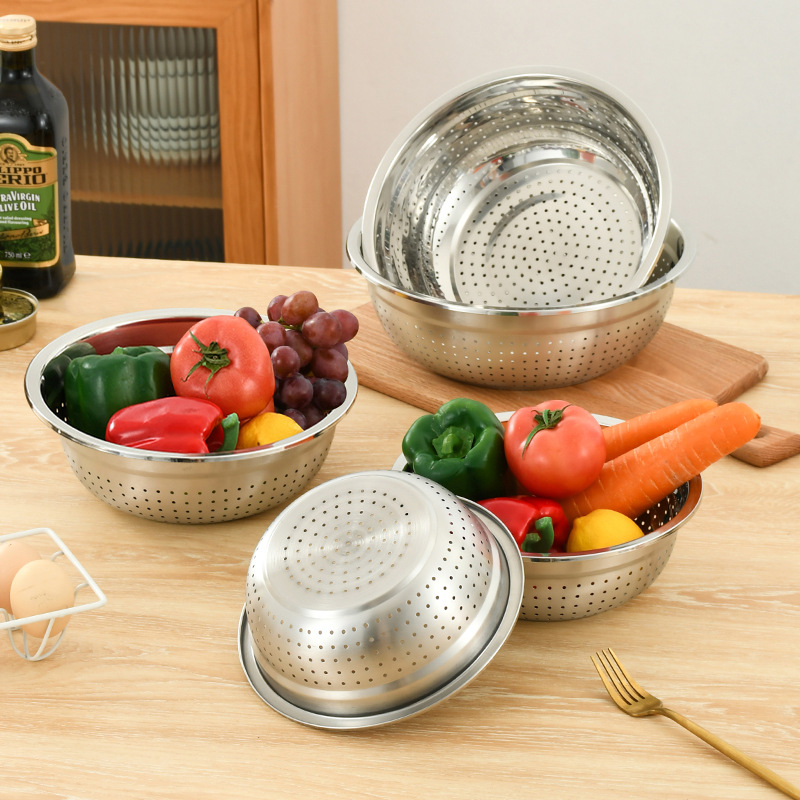 Picture of Non-magnetic thickened stainless steel dense hole multi-purpose rice washing sieve kitchen vegetable washing fruit basket non-leaking rice washing basin drain basket