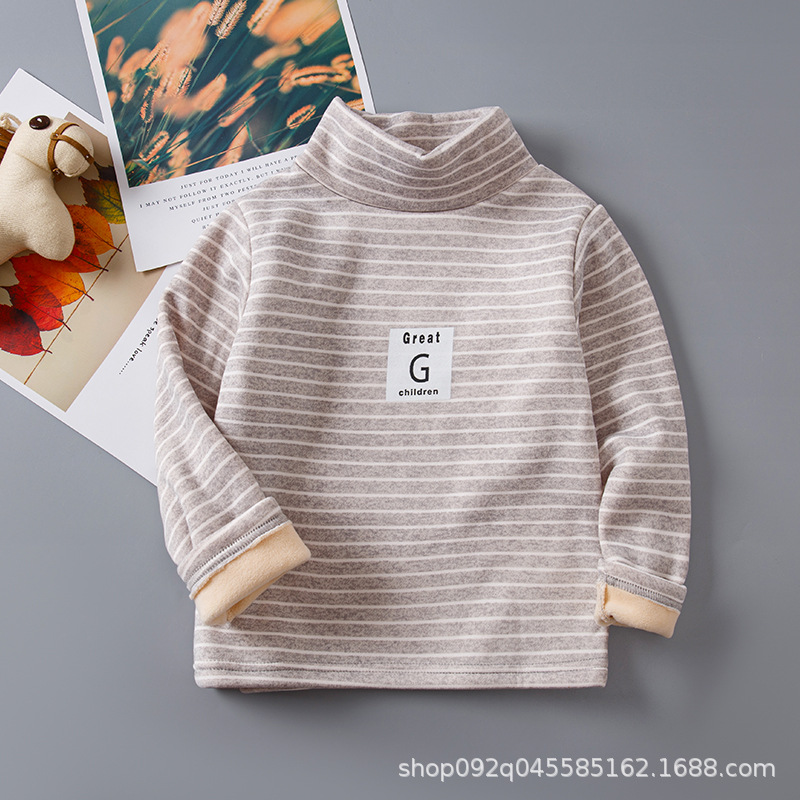 Picture of 2025 Kidsren's Bottoming Shirt Half Turtleneck Fleece-Lined Stripesd Long-Sleeved Warm Top for Boys and Girls Trbottomy Korean Style Autumn and Winter Kidsren's Clothing