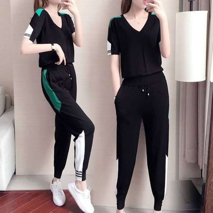 Sports suit Women's Summer New Slim-fit Fashion Trousers Short-sleeve Casual Running Two-piece Set