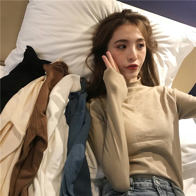Half-high Collar Knitted Base Shirt Women's Autumn Western-style Interior Slim-fit Sweater Solid Color All-match Mid-collar Long-sleeved Top Trendy